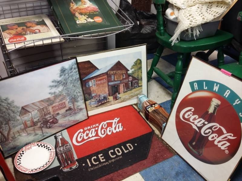 lot 4051 image: Three Coca-Cola Framed Prints, Metal Tin, Ads, Sign & Plate