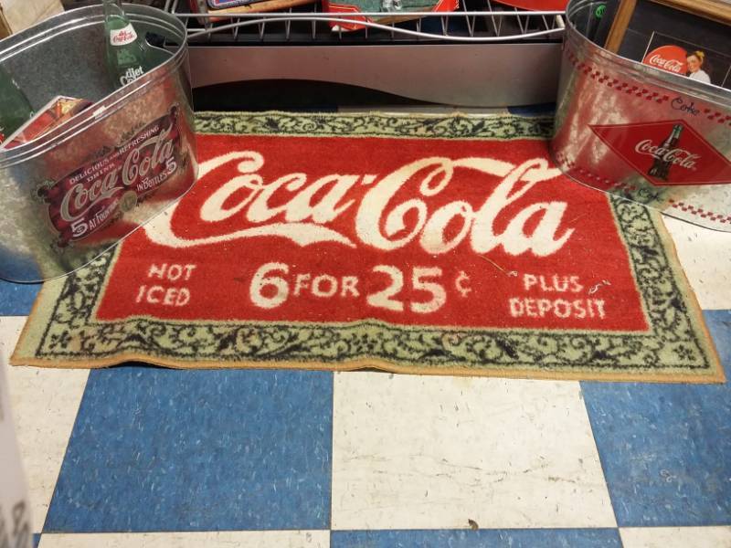 lot 4056 image: Coca-Cola Galvanized Tub, Bottles, Rug, & Framed Prints