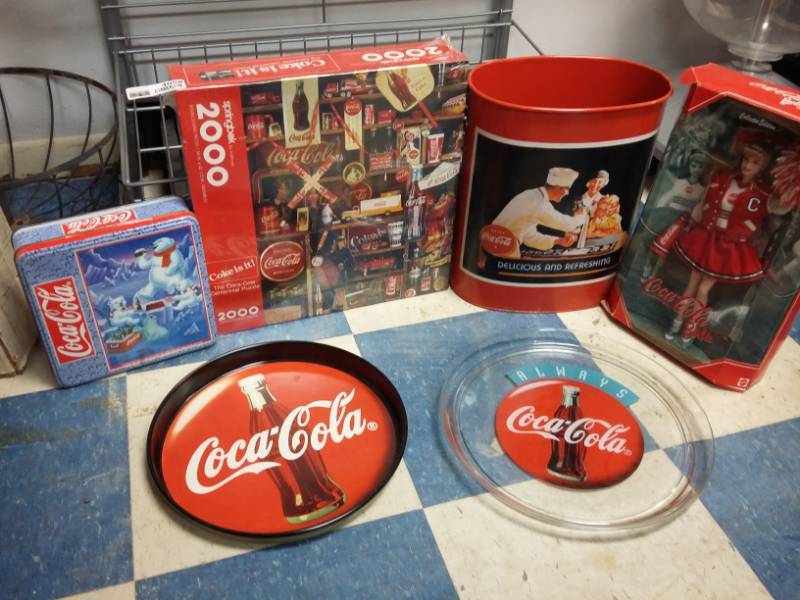 lot 4058 image: Coca-Cola Collectibles - Barbie, Puzzle, Metal Trash Can & Tin and 2 Trays