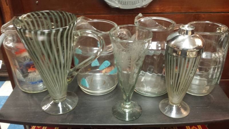 lot 4143 image: Lot of Glass Pitchers and Drink Shaker