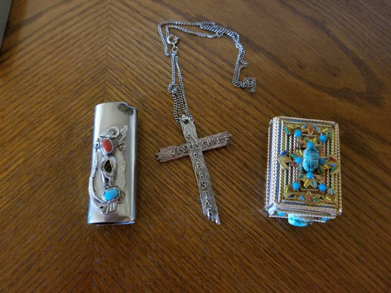 lot 3167 image: Silver  Turquoise Bic Lighter Cover, Cross Necklace, Turqoise Beaded Matchbox w Matches