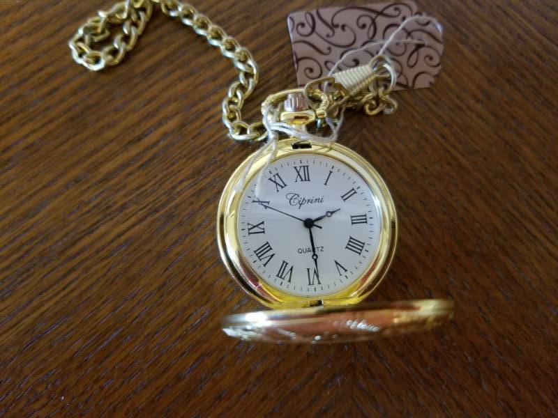 lot 3169 image: Gold Color Pocket Watch with Chain, Etched Case by Ciprini