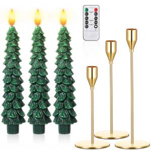 lot 1601 image: Honoson 3 Sets Flameless Christmas Tree Taper Candles with Holders Remote Control, LED Taper Candles AAA Battery Operated Flickering Candlesticks for Window Fireplace (Gold,Classic Style)