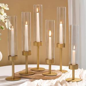 lot 1610 image: Volens Hurricane Glass Candle Holders Set of 6 Gold Taper Candle Holders