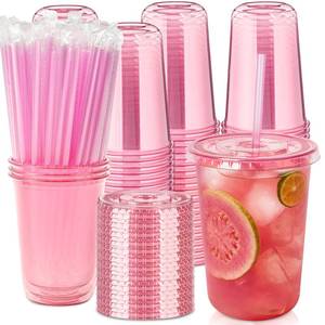 lot 1626 image: Jycnolm 100 Sets - 16oz Pink Plastic Cups with Lids and Straws