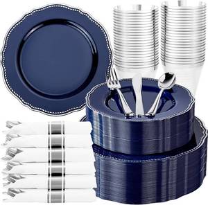 lot 1641 image: Hioasis 350 Pcs Blue Silver Plastic Plates Wedding and Party