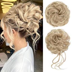 lot 2295 image: CJL HAIR 2PCS Messy Bun Hair Pieces Wavy Curly Synthetic Updo Chignon Fake Scrunchies Ponytail Extension for Women Dirty Blonde