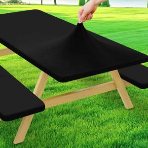 lot 2332 image: Moosfor Picnic Table Cover with Bench Covers, Elastic Fitted Spandex Tablecloths for 6 Foot Rectangle Tables, Stretch Washable Patio Tablecloth for Outdoor, Camping (Black, 30inx72in)