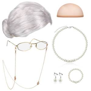lot 2372 image: Gejoy 7 Pcs Old Lady Wig Costume Set Grandma Hair Cap Glasses Chain Pearl Necklace for Props Cosplay