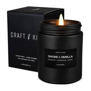 lot 2382 image: Craft and Kin Premium Smoke and Vanilla Scented Candle � Long Lasting, 45 Hour Burn Time � Luxury Black Natural Soy Scented Candle for Men with Wood Wick � Room Decor and Aromatherapy � 7.6 oz