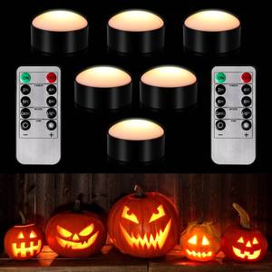 lot 2394 image: Riakrum 6 Pieces Halloween Remote Timer LED Lights with Remote Summer Halloween LED Pumpkin Lights Battery Operated Lantern Bright Flameless Candle(Black,Warm Light)