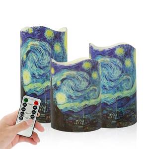 lot 2397 image: Gedengni Remote Flameless Candles 4in 5in 6in - Set of 3 Van Gogh Starry Night Design LED Pillar Candles Battery Operated with Timer for Home Decor Indoor Outdoor,PLT3P-StaNit