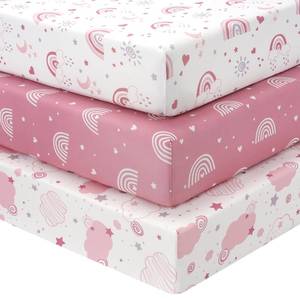 lot 2447 image: FIEMOL Baby Crib Sheets Girl, 3 Pack Toddler Bed Sheets Fitted for 52inx28in Standard Crib and Toddler Mattresses, Super Soft Microfiber Pink Rainbow