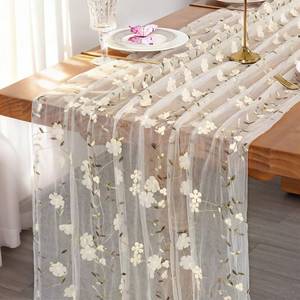 lot 2463 image: Alynsehom 3pcs Ivory Gauze Table Runner with White Embroidery 3D Flower 120in 10FT Seasonal Tulle Sheer Table Runners Mesh Lace Fabric Runner for Baby Shower Wedding Party Dining Table Decor DIY Craft