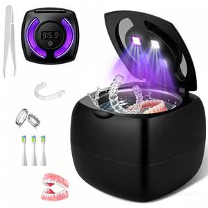 lot 3288 image: JXAVO Ultrasonic Retainer Cleaner Machine, 340ml 48kHz Ultrasonic Cleaner for Retainers, Dentures, Mouth Guard and Jewelry,4 Cleaning Modes, Large Capacity Tank,Portable Quiet Design with UV Light,Black
