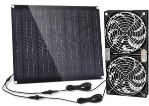 lot 7217 image: Solar Panel Fan kit, 30W Solar Powered Fan with Dual IPX7 Waterproof Fans for Outside Chicken Coops, Greenhouses, Sheds