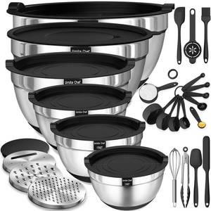 lot 7409 image: Thickened Heavy-Duty 26pcs Stainless Steel Bowl, Mixing Bowl Set with Lid, Grater Attachment, Non-Slip Bottom and Kitchen Gadget Set, Sizes 7, 4, 2.5, 2.0, 1.5, 1QT, Ideal for Mixing and Serving