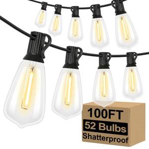 lot 7412 image: Brightever LED Outdoor String Lights 100FT Patio Lights with 52 Shatterproof ST38 Vintage Edison Bulbs, Outside Hanging Light Waterproof for Porch, Deck, Garden, Backyard, Balcony, 2700K Dimmable