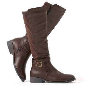 lot 7443 image: Putu Womenfts Knee High Riding Boots Flat Heel Tall Boots Round Toe Boots with Buckle Straps Brown