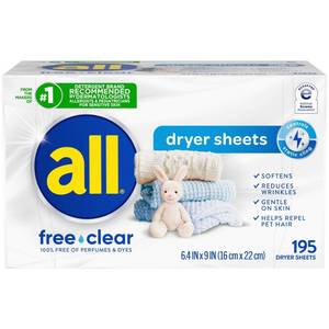 lot 8223 image: All Free Clear Fabric Softening Sheets - 195ct Hypoallergenic, Dye-Free, Carton