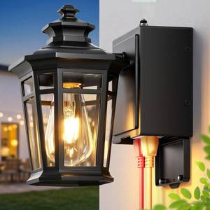 lot 8225 image: Gleamz Black Dusk to Dawn Outdoor Lighting with GFCI Outlet, Exterior Light Fixtures with Outlet, 9in H Lantern Wall Mount Aluminum Waterproof Anti-rust, Outside Lights for House, Proch, Patio, Garage
