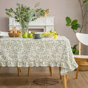 lot 8302 image: GLORY SEASON Rustic Tablecloth Plant Leaf Printed with Ruffle Flounces Trim Linen Blended RectangleOblong Table Cloth for Kitchen Dining Parties Farmhouse Decor Olive Green,52x70 Inch