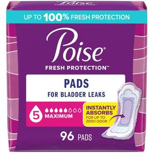 lot 9738 image: Poise Incontinence and Postpartum Pads for Bladder Leaks, 5 Drop Maximum Absorbency, Regular Length, 96 Count, Packaging May Vary