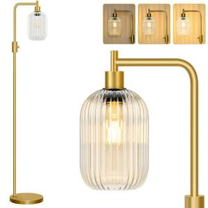 lot 9750 image: Upgraded Dimmable Floor Lamp for Living Room with Clear Ribbed Glass Lampshade, Gold Modern Floor Lamp with 900LM LED Bulb Included, Arc Standing Tall Lamp for Bedroom, Office, Reading Room, Corner