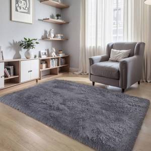 lot 9756 image: 3x5 Thick Grey Fluffy Shag Rug for Bedroom, Plush Washable Carpet