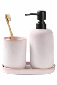 lot 9759 image: SHIIANN Ceramic Bathroom Accessories Set, Light Pink Glossy Soap Dispenser 15.5oz and Toothbrush Holder 10.6oz with Tray, Modern Countertop Set for Bathroom, Vanity, Kitchen Sink