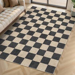 lot 9760 image: LIVEBOX 4x6 Washable Area Rug Checkered, Non-Slip Small Entryway Rug Black Farmhouse Neutral Classic Geometric Kids Boys Rug for Bedroom Living Room Low-Pile Carpet for Classroom Playroom(Black 4ftx6ft)