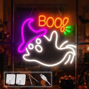 lot 10273 image: Halloween Neon Sign for Wall Decor, Flashing Halloween Led Sign, Ghost Neon Sign for Halloween Party Decor, Dimmable BOO Light Up Sign for Halloween Decorations, 13.5 x13 in