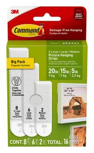 lot 10289 image: Command 20, 15, and 5 lb X-Large, Large, and Medium 16 Pairs Picture Hanging Strips (32 Strips), Damage-Free Hangers for Picture Frames, No Tools Required, Great for Home Room Wall Decor, White Adhesive