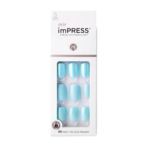 lot 10311 image: Kiss Impress No Glue Mani Press On Nails, Design, ftRain Checkft, Blue, Short Size, Squoval Shape, Includes 30 Nails, Prep Pad, Instructions Sheet, 1 Manicure Stick, 1 Mini File