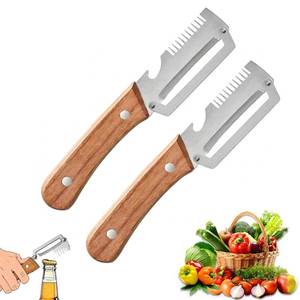 lot 10317 image: 2 Pack Multifunctional Vegetable Peeler, 3-in-1 Peelers For Kitchen with Bottle Opener, Sharp Stainless Steel Swivel Blade, Wooden Handle, For Vegetables or Fruits that Need to Be Peeled