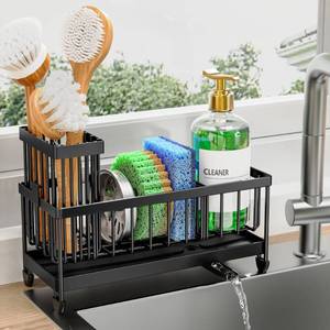 lot 11868 image: Cisily Sponge Holder for Kitchen Sink, Sink Caddy Organizer with High Brush Holder, Kitchen Countertop Organizers and Storage Essentials, Rustproof 304 Stainless Steel (Black, 9.25)