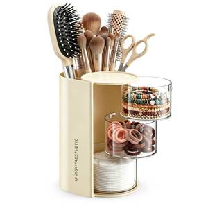 lot 11880 image: Hair Accessories Organizer with Makeup Brush holder, Bathroom Organizer and Storage, Qtip Holder Dispenser for Necklaces, Earring, Bracelet, Ring, Hair Clip, Cotton Swabs, Rotatable, 3-Layer (Cream)