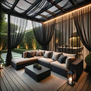 lot 11881 image: Draphelle Extra Wide Outdoor Curtains Waterproof Black Voile Mesh Screen Lightweight Privacy Bug Netting for Patio Porch Balcony Pergola Terrace, W125 x L98 inch per Panel, 2 Panels