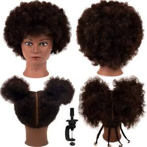 lot 11896 image: headdoll Afro Curly Mannequin Head with 100percent Human Hair Curly Hair Hairdresser Hair Styling Cosmetology Manikin Head Doll head for Hairdresser Practice Styling Dye Braiding with Clamp Stand