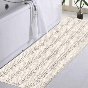 lot 11899 image: Turquoize Non Slip Shaggy Chenille Microfibers Bathroom Rug Bath Room Mat Extra Long Bath Rug 47 x 17 Kitchen Rugs and Mats, Super Water Absorbent and Soft Washable Bath Rug for Bathroom, Ivory (Used)