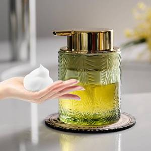lot 12170 image: CICUFY Glass Foaming Dispenser - Refillable Lotion or Soap Dispenser for Kitchen and Bathroom, Large Gold Pump (Leaf Pattern - Green)
