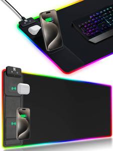 lot 12171 image: XXL Mouse Pad with Phone Holder - Black, RGB Desk Mat with 15W Fast Charging, LED Gaming Mousepad with 11 Light Colors, Waterproof Non-Slip Pad for Office and Home