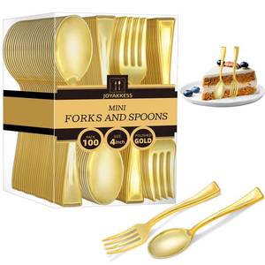 lot 12214 image: 100 PCS Gold Mini Forks and Spoons (4 Inch), 50 Gold Dessert Forks And 50 Mini Dessert Spoons Heavy Duty Mini Cutlery for Appetizer, Tastings, Cocktails, Dessert Cups