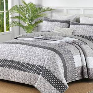 lot 13660 image: WONGS BEDDING Grey Queen Size Quilt Set, Boho Striped Patchwork Bedspread