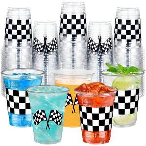 lot 14275 image: peony man 50 Pcs Checkered Racing Party Plastic Cups 16 oz White Black Checkered Flag Clear Cup Disposable Race Car Drinking Cups for Race Car Sports Themed Birthday Party Favors Supplies