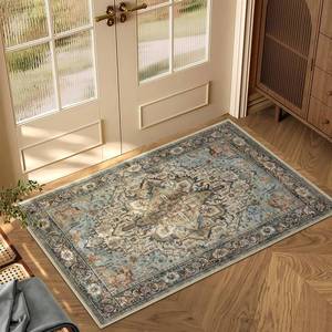 lot 14312 image: Washable 2x3 Small Area Rug, Blue Vintage Floral Non-Slip Entryway Door Mat