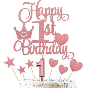 lot 14317 image: 1st Birthday Cake Decorations Set Include One Digital Candle Numeral 1# Cake Candle and Happy 1st Birthday Cake Toppers with Heart Star Cupcake Picks for Birthday Party Supplies (Rose Gold Series)