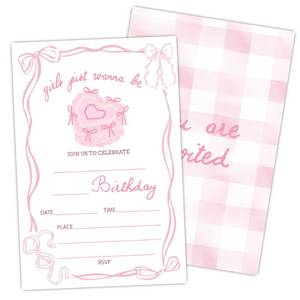 lot 14332 image: WUAWN Cake Birthday Invitations, Pink Bow Birthday Party Invite, Wave Design Fill In lnvitation with Envelopes, 20 Cards With 20 Envelopes, Bday Party Favor and Decoration(4x6 inch)-A03