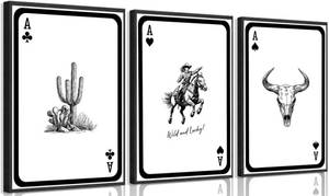 lot 14337 image: 3Pcs Western Cowgirl Wall Art Aesthetic Black and White Cactus Longhorn Bull Skull Painting Picture Wall Decor Vintage Southwestern Desert Poster Print Artwork for Living Room Bedroom Home Decoration