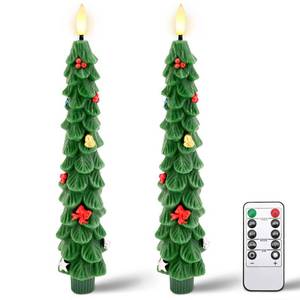 lot 14351 image: shuangjishan Christmas Tree Flameless Candles 2Pcs LED Taper Christmas Candles Battery Operated - Green Flickering Taper Candlesticks Lights for Windowsills Fireplaces and Dining Tables (Green)